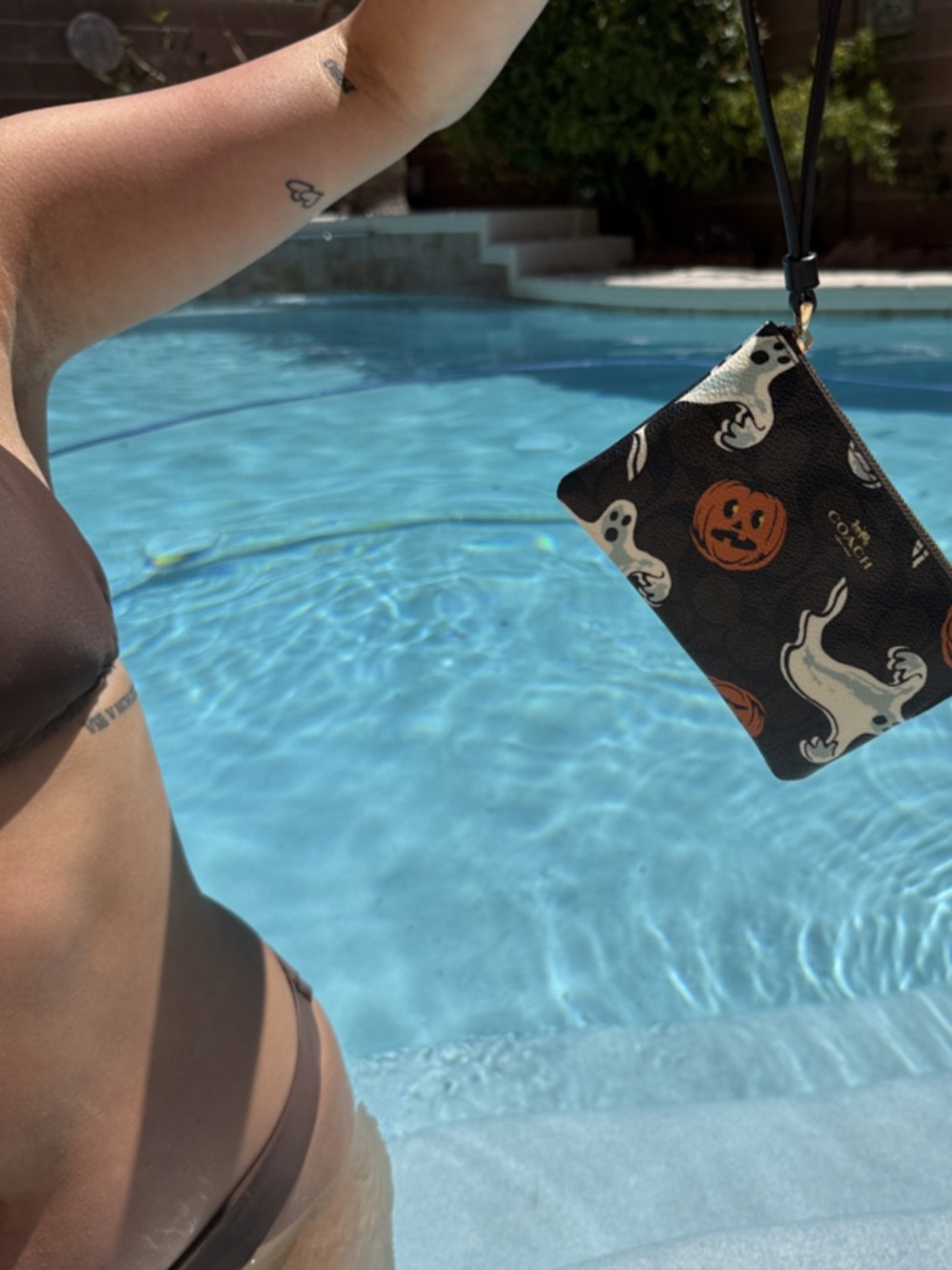 Coach Brown Wristlet Pouch with White Ghosts & Orange Pumpkins